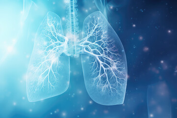 Healthcare with futuristic medical research focused on lung health. Innovative diagnosis and vital monitoring in a clinical hospital setting. Wide banner with copy space area