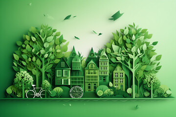 paper cut style of environment, Environmental protection concept by using creative greenery as trees and buildings and using bicycles as vehicles