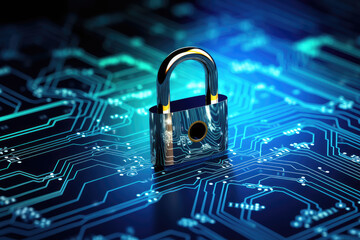 Wall Mural - Cybersecurity with a close-up of a computer motherboard and a secure connection concept. This symbolizes digital protection and online security. Wide banner design.