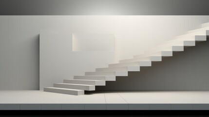 Wall Mural - A stark white staircase rises gracefully against the blank canvas of a minimalist building, its sleek handrail an artistic touch in this modern indoor design