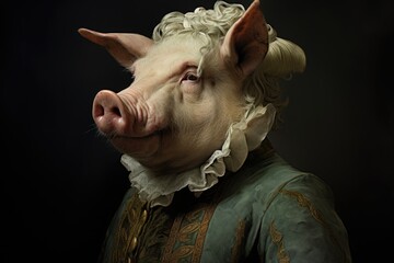 Wall Mural - Portrait, Pig, Swine, Renaissance, Aristocratic, Noble, Ironic, 3D, Dressed, Bizarre. RENAISSANCE LORD SWINE. A portrait of a cute aristocratic, noble pig dressed up in Medieval style.