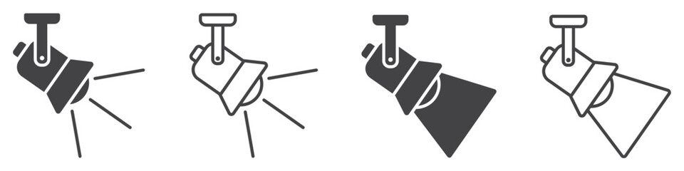 Set of spotlight icons. Stage light symbol. Event, concert, performance, theater. Spotlight with bright light, lamp. Vector.