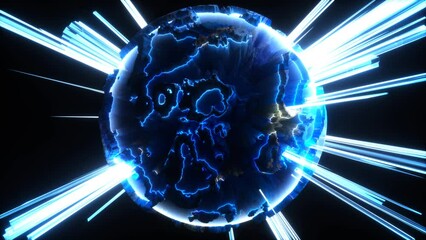 3d render of abstract art loop video animation with surreal ball sphere planet earth in rotation deformation process in neon blue color with glowing rays energy lites around on black background