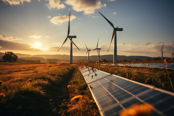 Solar renewable energy generating station Wind turbines and solar panels In the blue sky at sunset renewable energy concept