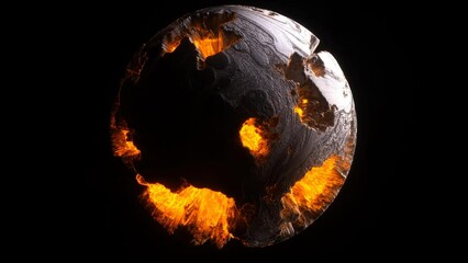 Wall Mural - 3d render video animation abstract damaged 3d planet earth , moon or asteroid in spherical shape with big holes in organic rough pattern on surface in outer space with yellow magma plasma core inside