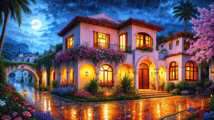 beautiful house surrounded by flowers at night, mediterranean architecture oil painting on canvas.