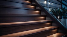 Modern Residential Dark Wooden Stairs With LED Illumination Close Up Photo. Stairs Light. 8k,