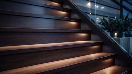 Sticker - Modern Residential Dark Wooden Stairs with LED Illumination Close Up Photo. Stairs Light. 8k,