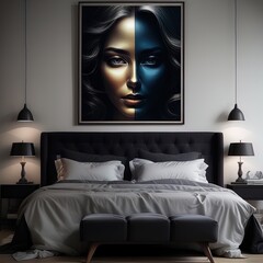 Wall Mural - bedroom with a double bed in a dark interiormodern bedroom with blue walls