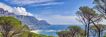 A Relaxing Ocean View With Tall Trees, Mountains And Blue Sky With Copyspace In Cape Town, South Africa. Popular Tourist Attraction Destination For Summer Vacation And Adventure Walks In Nature