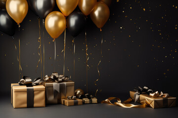 Birthday card with dark and gold balloons and gifts on dark background