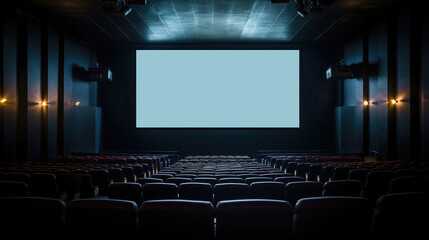 Wall Mural - empty movie theatre. cinema hall with light screen and chairs.