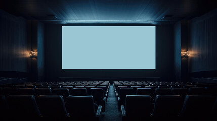 Wall Mural - empty movie theatre. cinema hall with light screen and chairs.