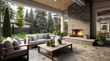 New Modern Home Features A Backyard With Covered Patio Accented With Stone Fireplace, Vaulted Ceiling With Skylights And Furnished With Gray Wicker Sofa Placed On Concrete Floor.