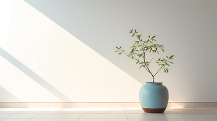 Wall Mural - a room with a plant in a vase and a window with a view of the outside of the room