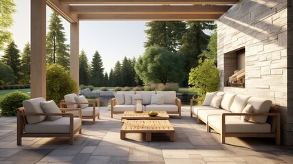 Wall Mural - New modern home features a backyard with covered patio accented with stoned pillars and furnished with gray wicker sofa placed on concrete floor