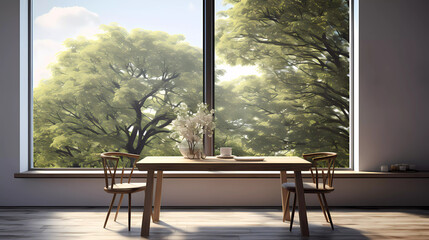 Wall Mural - a room with a table and chairs and a window with a view of the outside of the room and a tree outside