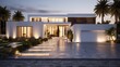 New style white villa with stone driveway, decorative lighting and wide backyard, panorama 8k,