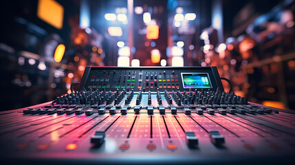 a sound board with many knobs and lights on it's sides and a blurry background of a television screen