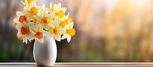 A Bunch Of Sunny Daffodils Arranged In A White Vase Adorning A Wooden Table Under The Open Sky