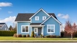 Fototapeta  - pale blue house with siding on a large lot with traditional windows and shutters in a subdivision in the suburbs on a bright sunny blue sky day 8k,