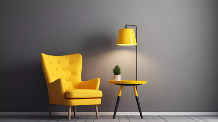 Wall Mural - a yellow chair and a small table with a lamp on it in a room with a gray wall and a yellow chair