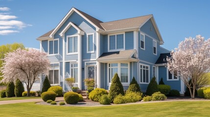 Wall Mural - pale blue house with siding on a large lot with traditional windows and shutters in a subdivision in the suburbs on a bright sunny blue sky day 8k,