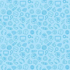 Social media seamless background, internet design elements blue pattern, web network communication vector icons collection, abstract business chat background