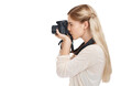 © Shubham/peopleimages.com - Profile, photography and woman with a camera, creative and tourism isolated on transparent background. Person, model and photographer with equipment, memory and shooting with png, career or picture