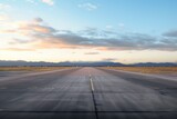 Fototapeta  - Clouds bathed in the warm glow of the setting sun, overlooking the expansive and empty airport runway