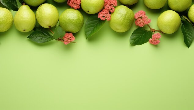 Fresh guava with leaves on green background