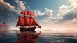 ship with red sails in the sea ai generated