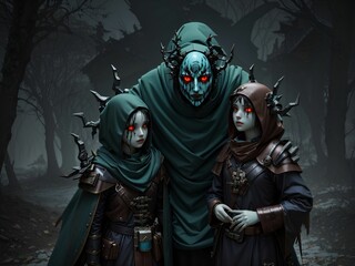 Wall Mural - three people standing in the woods with an evil mask on