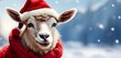 Illustration of a happy cute white sheep wearing a red Santa Claus hat and scarf posing on a winter  snowy background. Xmas 2023. Conceptual digital painting illustration. Generative AI