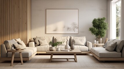 Wall Mural - Scandinavian interior design living room with gray and beige colored furniture and wooden elements 8k,