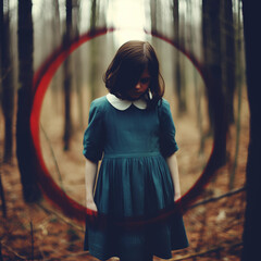 scary scene: girl in the woods with mystic circle