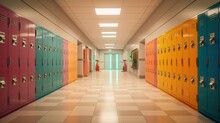 Empty High School Hallway With Colorful Student Lockers. AI Generated Image