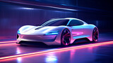 Fototapeta Londyn - Concept for the overall design of an electric sports car in glossy white and neon. Generative AI