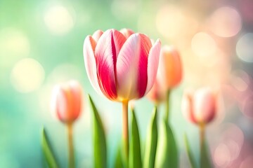  Closeup of blooming tulip flower in spring on pastel bokeh background