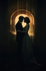 Wall Mural - Couple silhouette - Embracing - Glamour couple - Cinematic movie poster. Noir detective elegance style. 