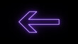 Purple color arrow points to the left. Flashing neon icon to the left arrow. left neon arrow. neon arrow sign. shining direction arrows. Glowing neon arrow sign on black background.