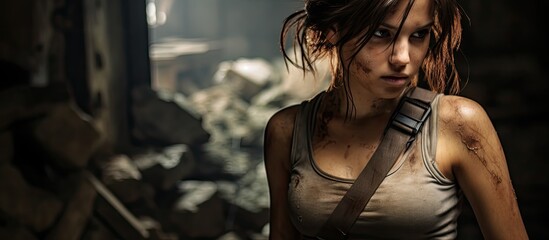 A young woman cosplayer is observed portraying her superhero Lara Croft in a dilapidated concrete setting