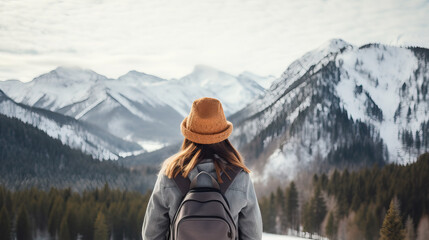 Wall Mural - backside of young woman looking at snowy mountains