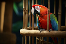 Parrot Sitting On The Bars Of A Wooden Cage