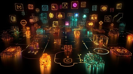 Symbols denoting various programming languages, stylized and luminous.