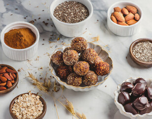 Wall Mural - Energy protein balls with healthy ingredients on marble table. Home made with dates, peanut butter, flax and chia seeds, oats, almond and chocolate