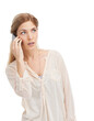 © Shubham/peopleimages.com - Isolated woman, thinking and confused on phone call with conversation by transparent png background. Girl, scared and smartphone with shock, anxiety and questions for contact on mobile network