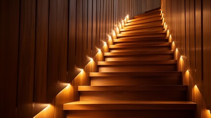 Poster - Stairway lights bulb for illumination as safety protection wooden stairs architecture interior design of contemporary, Modern house building stairway 8k,