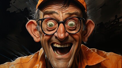 Wall Mural -  a caricature of a man wearing glasses and an orange shirt with a hat on top of his head.  generative ai