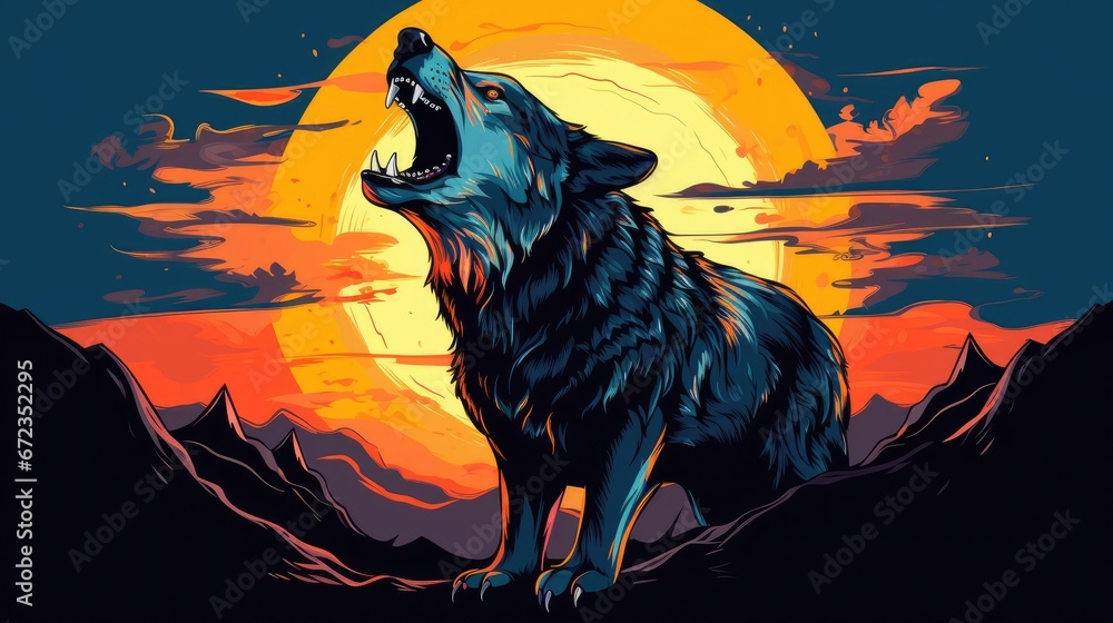 a wolf standing on top of a mountain in front of a full moon with it's ...